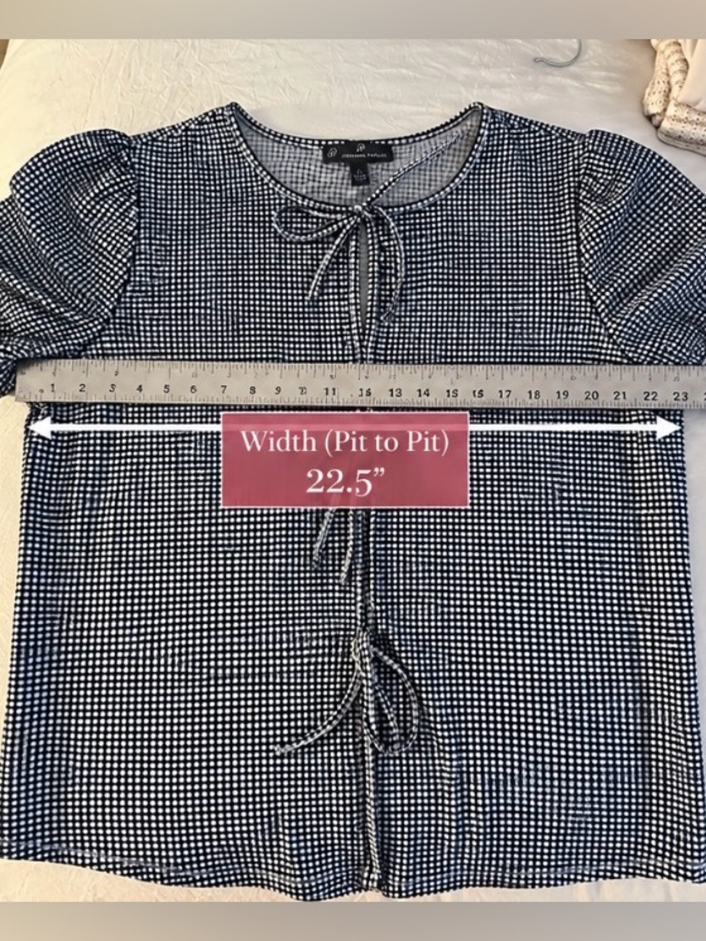 Adrianna Papell Navy Gingham Tie-Front Short Sleeve Blouse Sz L - Picture 7 of 8